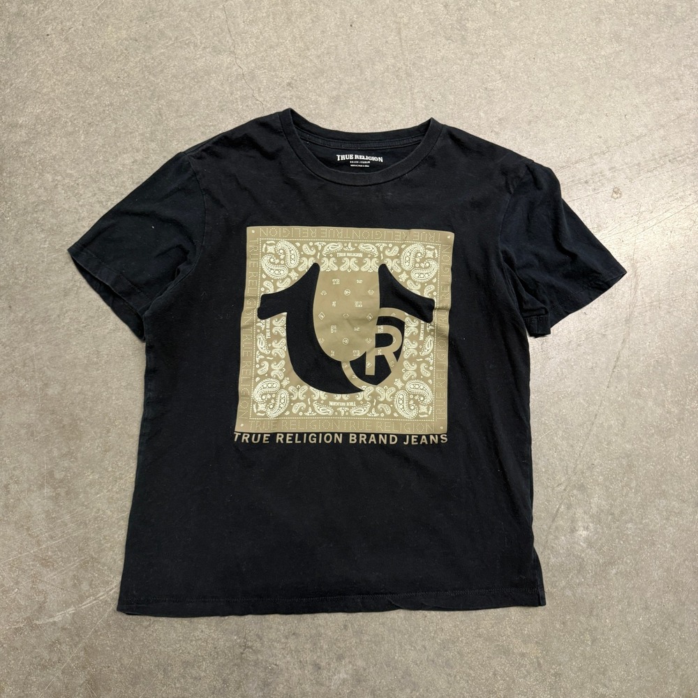 True Religion Mens Black Paisley Horseshoe Graphic T-Shirt Medium Short‎ Sleeve